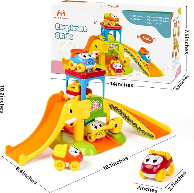 Marstone Toddler Toys for 1 2 Year Old Boys and Girls Gifts: Educational Elephant Slide with 4 Animal Car Toys for Baby 12-18 Months, First Birthday Gifts for Kids, Learning Push Truck Tracks Age 1-2