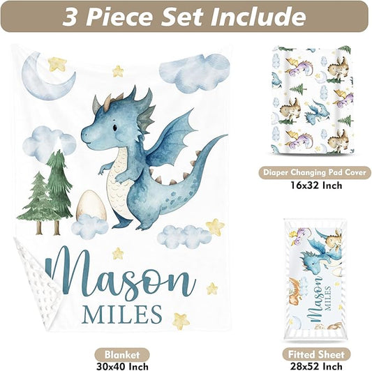 Custom Name Crib Bedding Set 3-Piece – Blue Dinosaur Design Baby Bedding Set with Personalized Soft Blanket, Fitted Sheet, Changing Pad Cover – Ideal Newborn Gift for Boys and Girls