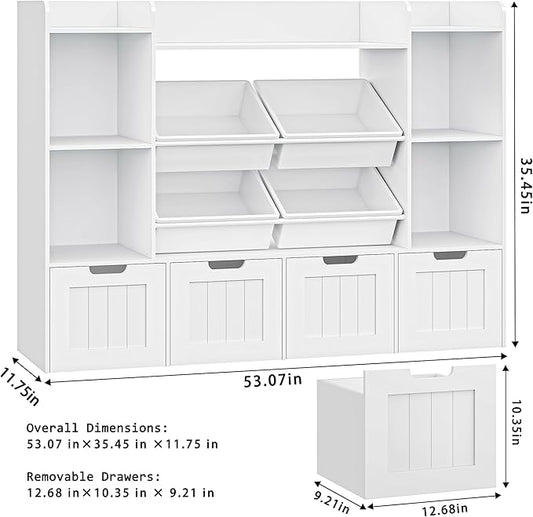 LULUBEAR Toy Storage Organizer, Toy Organizer with 4 Movable Drawers and 4 Box Bins, Kids Playroom Storage Organization with Hidden Wheels for Living Room, Kids Room