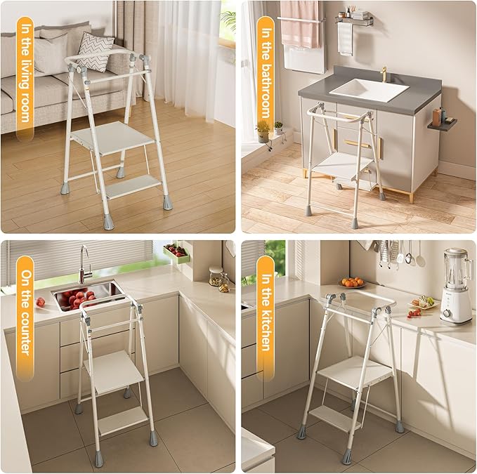 LEDLAY Aluminum Foldable Toddler Tower 2 Steps, Kids Step Stool for Kitchen, Toddler Kitchen Stool Helper with Anti-Drop Safty Railing, Multi-Functional Learning Tower with Anti-Slip Design, Gray
