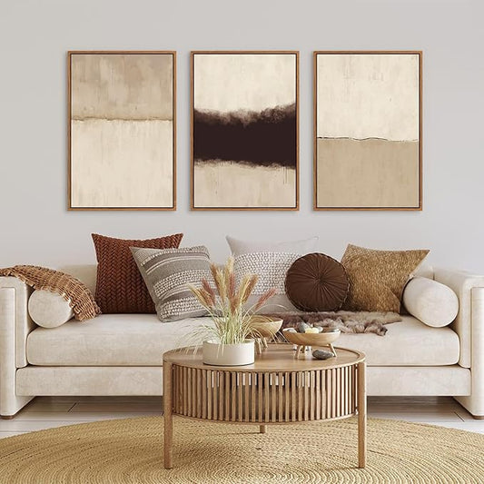 CHDITB Neutral Abstract Wall Art Set of 3, 24"x36" Large Framed Textured Wall Decor, Minimalist Modern Wall Painting, Beige Black Canvas Art Print for Living Room, Bedroom, Dining Room, Office