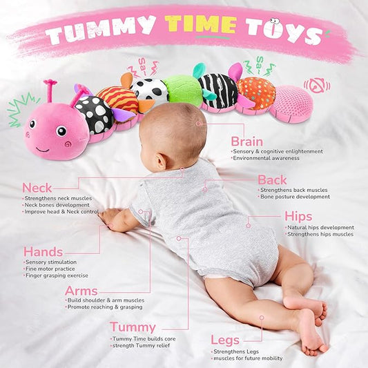 Baby Toys 6-12 Months Music Caterpillar,Stuffed Animals Infant Toys 0-3-6 Months,Baby Sensory Toys Tummy Time with Crinkle Rattle Teething Toys for Newborn Boys Girls Gifts Birthday|Rose Pink
