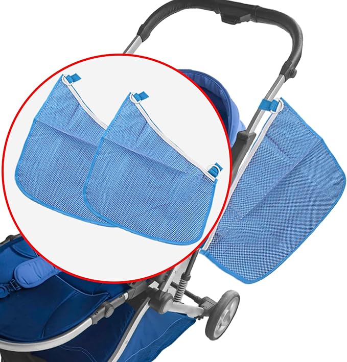 Anglepingping 2 Pack Universal Side Sling Stroller Cargo Net, Non-Slip and Adjustable Straps Storage Mesh Bag,Portable Mesh Storage Organizer (Blue)