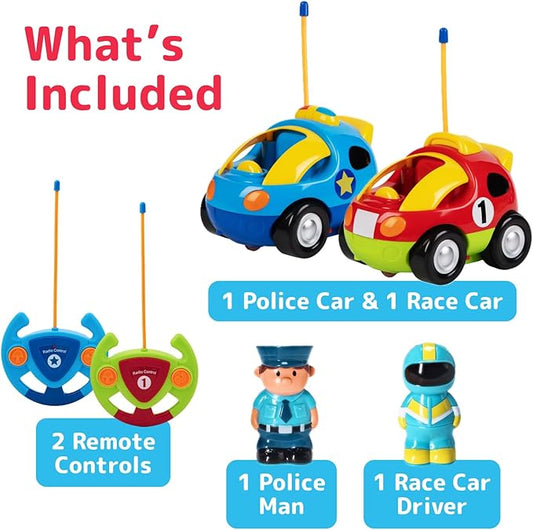Prextex 2 Pack Cartoon Remote Control Cars for Toddlers - Police Car and Race Car with Steering Wheel Controllers and Lights - Different Frequencies So Both Can Race Together - Toddler Gift 18+ Months