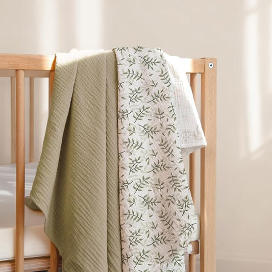 lulumoon Muslin Swaddle Blankets for Baby: Cotton & Soft Receiving Blanket for Newborn with Leaves Printed- Neutral Gift for Baby Shower 2pack(Olive Leaf)