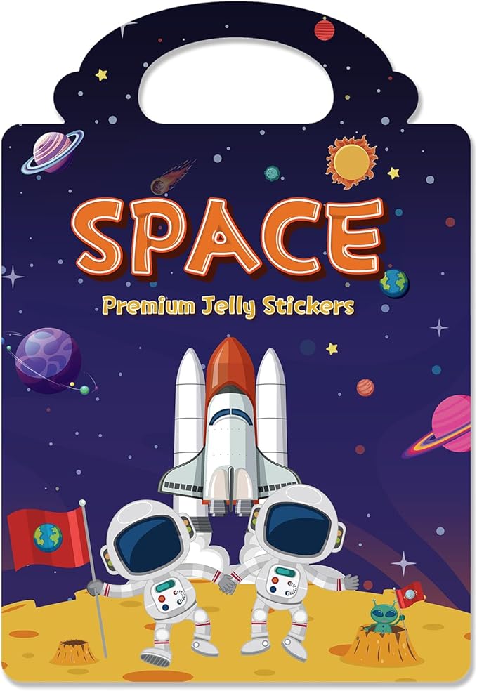 Reusable Sticker Book for Toddlers 3-6, Jelly Stickers for Kids, Sticker Activity Book Travel Toys for Road Trip, Car & Airplane, Educational Learning Gifts for Boys and Girls (Space Theme)