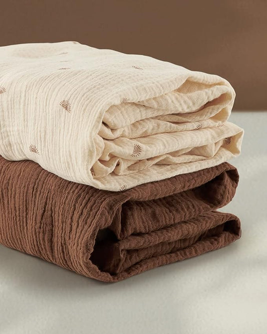 Blissful Diary Muslin Mini Crib Sheets, Pack and Play Mattress Sheets Fitted for Pack N Play, Soft Cotton for Boys Girls, 2 Pack(Sunshine&Brown)
