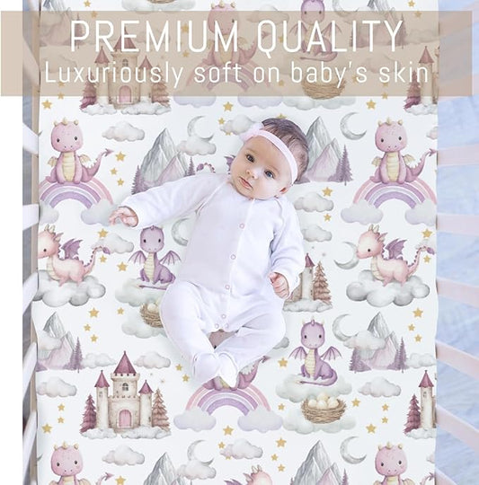 Pink Baby Dragons Crib Sheets for Boy Girl Fairytale Dragon Castle Trees Moon Rainbow Soft Stretchy Fitted Crib Mattress Cover for 52''x28'' Standard Crib & Toddler Mattress Fantasy Animal Bed Sheet