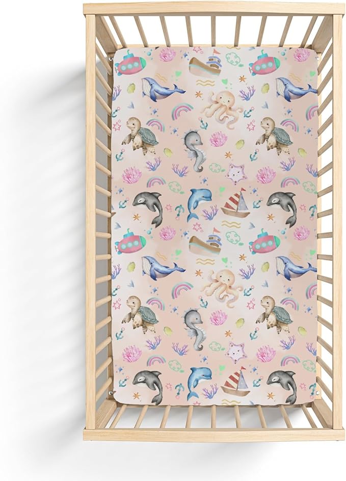 Colorful Ocean Animals Baby Crib Sheets for Boy Girl 52x28Inch Sea Horse Turtle Whale Rainbow Corals Soft Snug Fitted Crib Mattress Cover Marine Life Baby Sheet for Standard Crib & Toddler Mattress