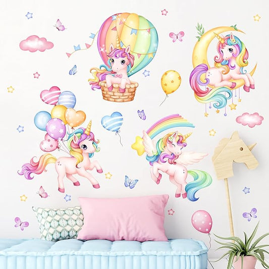 Unicorn Rainbow Wall Decals Hot Air Balloon Moon Clouds Stars Wall Stickers Baby Nursery Girls Bedroom Kids Room Wall Decor