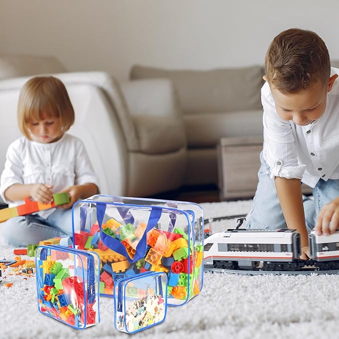 18 Packs Large Toy Storage Bags with Labels, Clear PVC Bags Travel Waterproof Kids Toy Organizer Bags with Zipper for Building Blocks Puzzle Kids Books (Blue-3 Size)