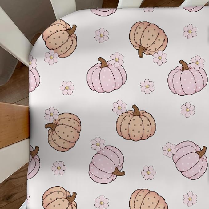 Fall Pumpkin Boho Flower Baby Crib Sheets Autumn Thanksgiving Harvest Baby Sheet Fitted Crib Mattress Cover Pastel Pumpkins Floral Standard Toddler Mattress 52''x28''