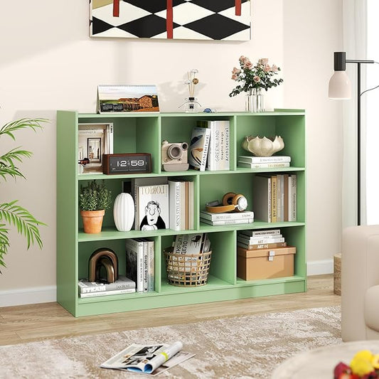 Giantex 8 Cube Bookcase, Freestanding 3-Tier Open Bookshelf, Modern Storage Display Cabinet, Wood Cube Storage Organizer for Living Room, Kid’s Room, Mint Green