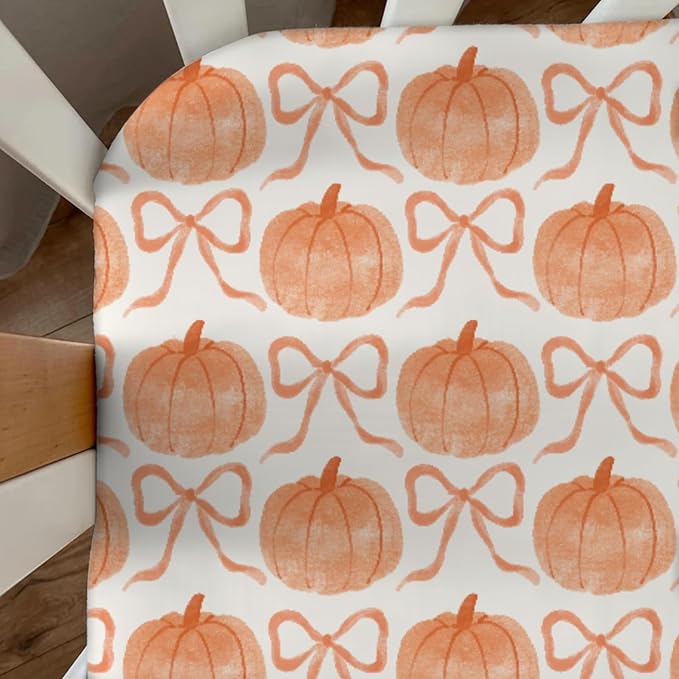 Fall Pumpkins Orange Bows Baby Crib Sheets Vintage Autumn Pumpkins Baby Sheet Thanksgiving Harvest Fitted Crib Mattress Cover for Standard Crib and Toddler Mattress 28"x52"