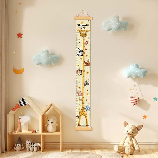 Woodemon Customize Name Growth Chart Wall, Funny Giraffe Premium Canvas Removable Height Chart for Kids, Height Measurement for Wall, Unisex Kids Room Wall Decor, Measuring Height Charts
