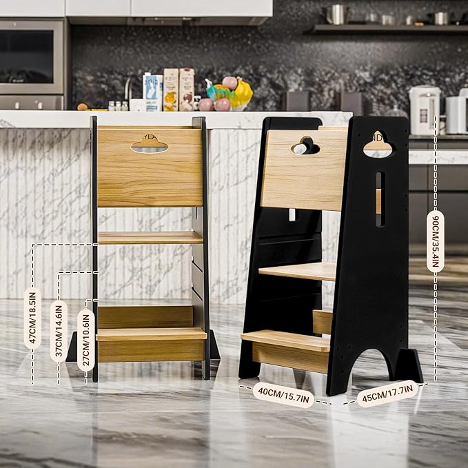 COSYLAND Toddler Standing Tower Adjustable Height - Super Stable Toddler Kitchen Stool Helper with Protive Panel - 3 Levels Adjustable Wooden Kitchen Stool for Kids (Natural & Black)
