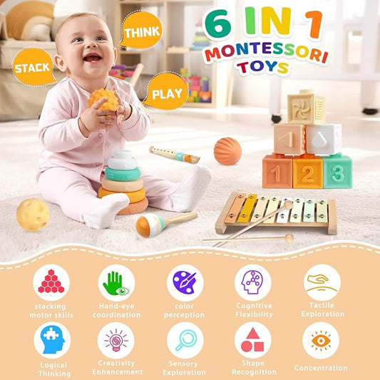 Baby Toys Montessori Toys 6 in 1 Musical Instruments for Toddler, Stacking Blocks Development Learning Educational Toy with Wooden Xylophone Infant Baby Birthday Gift