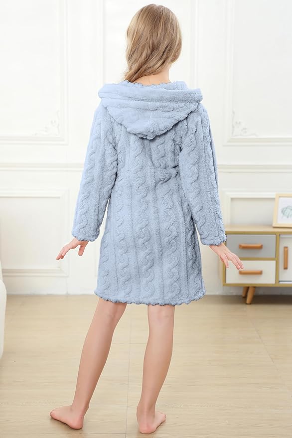 Umeyda Girls & Womens Twist Fleece Robes, Hooded Soft Warm Bath Robe for Kids Womens Fuzzy Bathrobe for Gifts