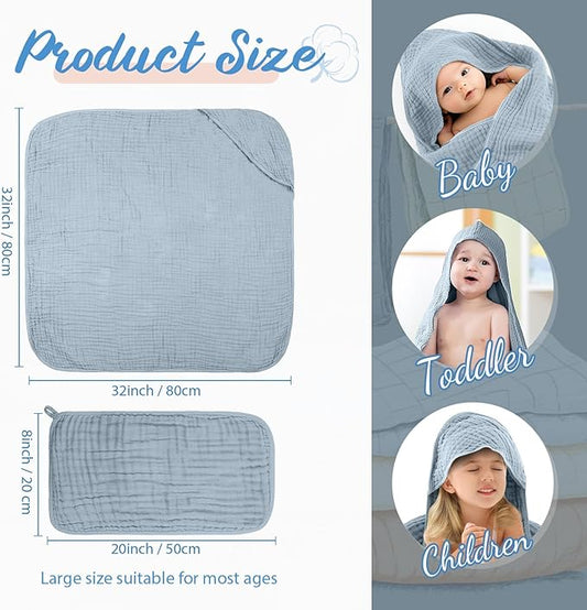 VitalCozy 8 Pcs Baby Muslin Hooded Bath Towels and Washcloths Muslin Cotton Hooded Baby Towels Absorbent Blankets for Gift Newborn Infant Shower (32 x 32 Inch,Modern Style)