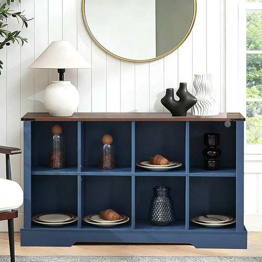Puntogen 8 Cube Storage Organizer, Wood Cube Bookshelf with LED Lights, Horizontal Storage Cubes, Kids Bookshelf, Display Cabinet Cubby Shelf for Living Room Home Office Bedroom,Navy Blue