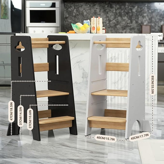 COSYLAND 3 Levels Adjustable Toddler Standing Tower - 33.5IN/85CM Stable Kids Kitchen Step Stool with Protective Crossbar - Wooden Toddler Kitchen Stool Helper(White & Natural)
