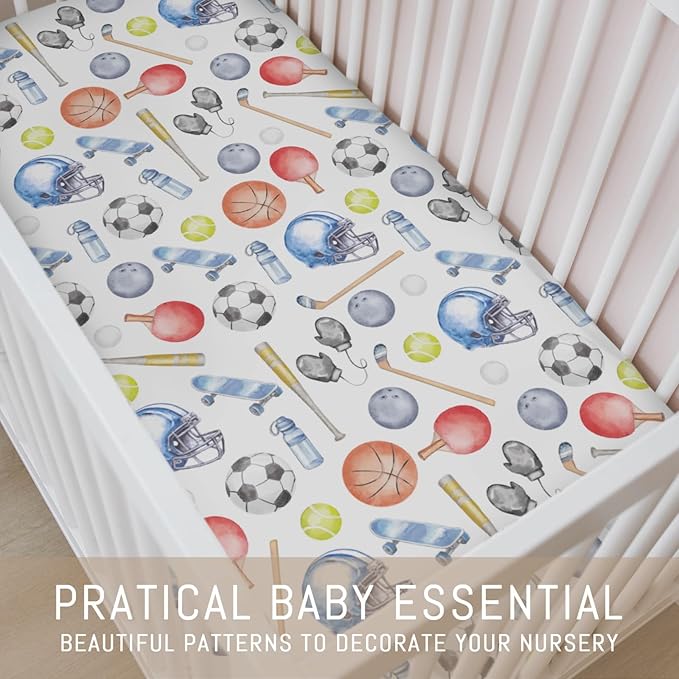 Watercolor Sport Baby Crib Sheets for Boys Soccer Basketball Baseball Golf Tennis Soft Snug Fitted Crib Mattress Covers for 52''x28'' Standard Crib & Toddler Mattress Boys Sports Lovers Gift Bed Sheet