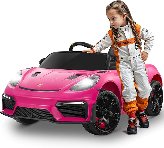 First Ride On Licensed Porsche 718 12V Ride on Toy for Toddler, Ride on Car for Kids with Remote Control, Child Electric Car w/Horn, Radio, USB, Spring Suspension, Opening Door, Led Light (Pink)