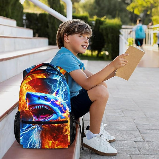 CustomWish Boys Shark Backpack - School Backpacks for Kids Teens Kindergarten Primary Middle Senior - 17 Inch Cool Lightweight Large Capacity Bookbag for School Travel