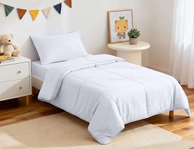 ZPECC Toddler Bedding Set - 4 Piece Hypoallergenic Baby Crib Bedding Set for Boys and Girls, Includes Toddler Comforter, Flat Sheet, Fitted Sheet and Pillowcase, White Stripe
