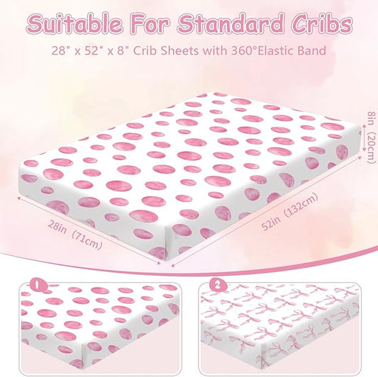 2 Pack Crib Sheets for Girls, Pink Baby Girl Crib Sheets, Bow Bed Sheet Set, 52'' x 28'' for Standard Crib Mattress, Stretchable Soft Toddler Aesthetic Nursery Decor (Crib)