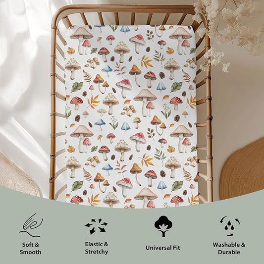 Watercolor Mushrooms Baby Crib Sheets for Boy Girl 52x28Inch Mushrooms Leaves Soft Stretchy Fitted Crib Mattress Cover Autumn Plant Baby Sheet for Standard Crib and Toddler Bed Mattress