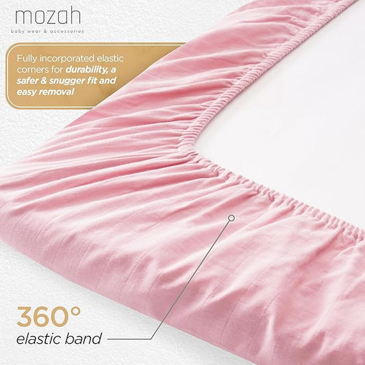 MOZAH Organic Muslin Crib Sheets, Soft and Breathable Bedding for Baby Girls or Boys, Snug Fitted Sheet for Standard Cribs & Toddler Mattresses, 2 Pack, Pink