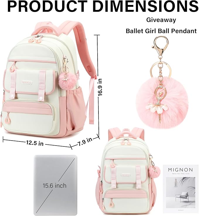 QHRIDS School Backpack for Girls, 3PCS Laptop Backpack 15.6 Inch with Lunch Box Pencil Pouch Set for Kids Teens Elementary Middle High School College Bookbag Student Casual Travel Daypack,Pink Beige