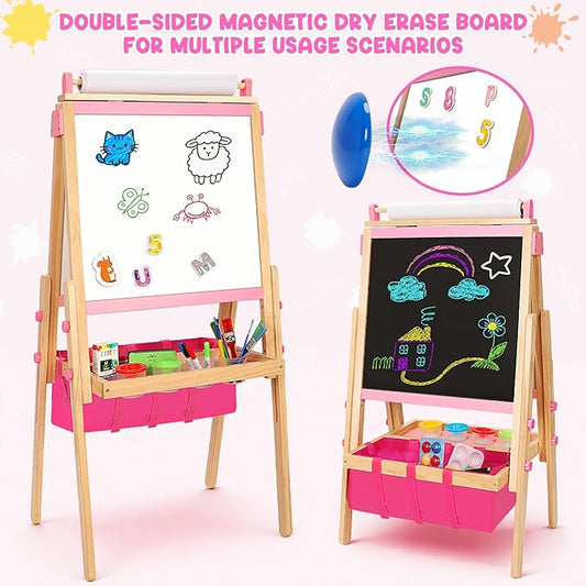 Wood Easel for Kids, All-in-ONE Adjustable Easel with Art Supplies, Magnetic Double Sided Whiteboard & Chalkboard, Ideal Christmas, Birthday Gift for Boys & Girls Age 3, 4, 5, 6, 7, 8+ Years Old