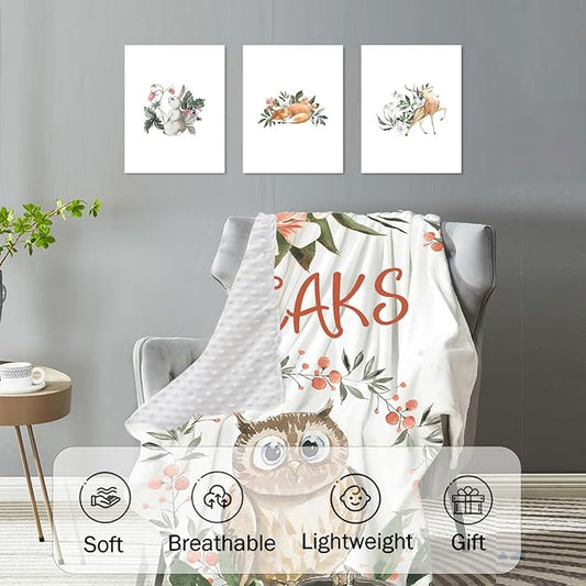 Custom Crib Bedding Set – Personalized Name Owl Baby Bedding 5-Piece Set with Soft Blanket, Fitted Sheet, Changing Pad Cover, Rug and Wall Art – Whimsical Woodland Nursery Decor for Boys Girls
