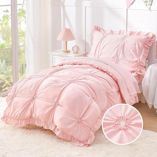 Wowelife Princess Toddler Bedding Set for Girls, Boho Toddler Bed Set, 4 Pieces Ruffles Jacquard Embroidery Toddler Girl Comforter with Comforter, Fitted Sheet, Flat Sheet and Pillowcase, Pink