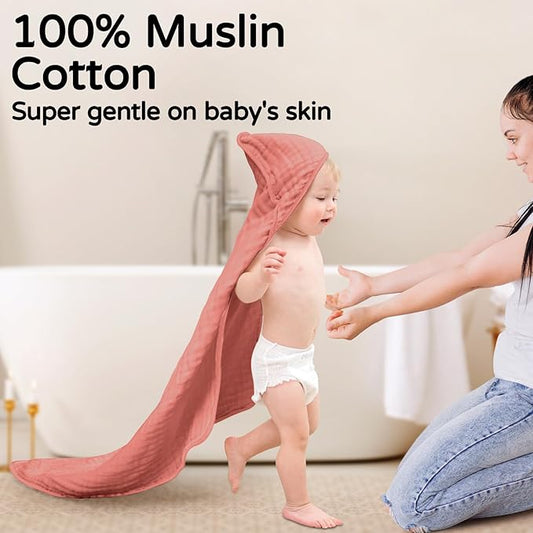 Yoofoss Hooded Baby Towels for Newborn 2 Pack 100% Muslin Organic Cotton Baby Bath Towel with Hood for Babies, Infant, Toddler and Kids, 32x32Inch, Soft and Absorbent Newborn Essential,Pink Rainbow