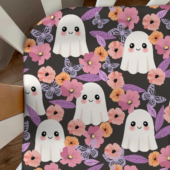 Halloween Spooky Boho Floral Baby Crib Sheets Cute Spooky Retro Flowers Autumn Soft Baby Sheets Fall Holiday Fitted Crib Mattress Cover for Standard Crib Mattress 52"x28"