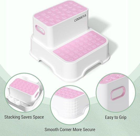 COOSEYA 2 Step Stools for Kids,Toddler Step Stool for Bathroom Sink,No-Slip Double up Stepping for Toddlers Bathroom, Multifunctional Toilet Potty Stool for Kids,Toilet Potty Training(2 Packs)(Pink)