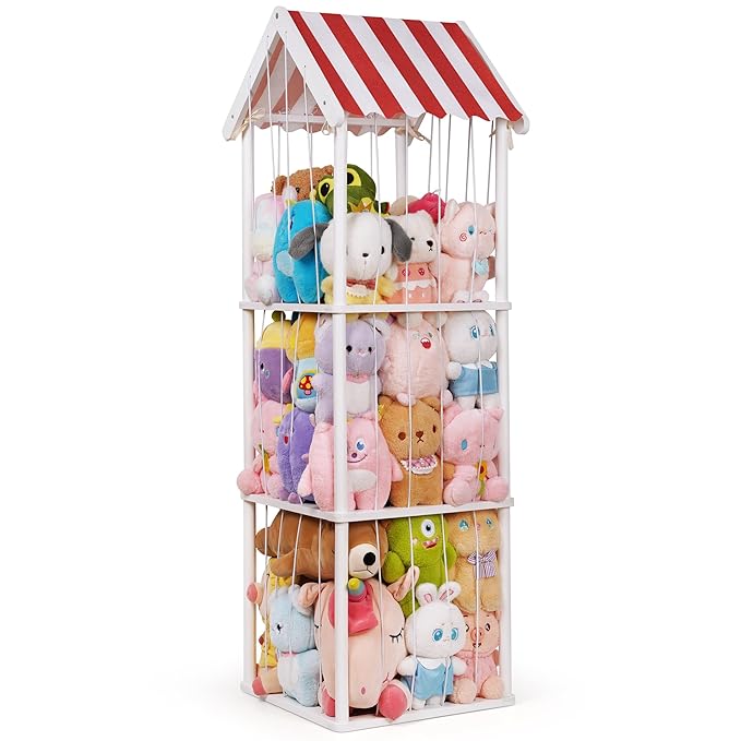 Edudif Stuffed Animal Storage, Space Saving Vertical Stuffed Animal Holder Wood, Easy Assembly Cottage-Style Plush Toys Organizer for Kids Bedroom & Playroom (White, Large)