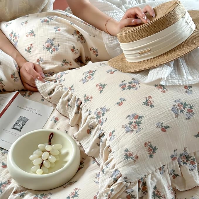 BuLuTu Chic Shabby Vintage Floral Duvet Cover Twin for Kids Girls Boys 100% Cotton Muslin Ruffled Quilt Cover Twin Comforter, 68"x86", Soft Breathable, Zipper Closure, No Pillowcase