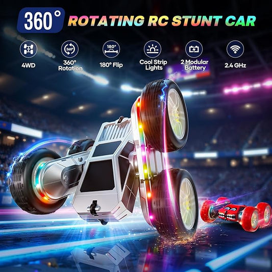 WayEee Remote Control Car for Boys 4-7, 360° Flips Rotating RC Stunt Car with Type-C Charging and LED Lights Strips, 2.4 GHZ Double Sided All Terrain 4WD RC Cars for Girl Boys Christmas Birthday Gift