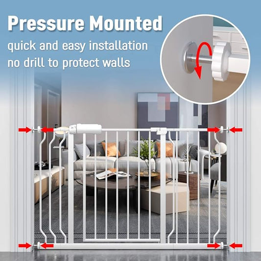 ALLAIBB Extra Wide Pressure Mount Baby Gate Auto Close White Metal Child Dog Pet Safety Gates with Walk Through for Stairs,Doorways,Kitchen and Living Room(43.31-48.03"/110-122cm)