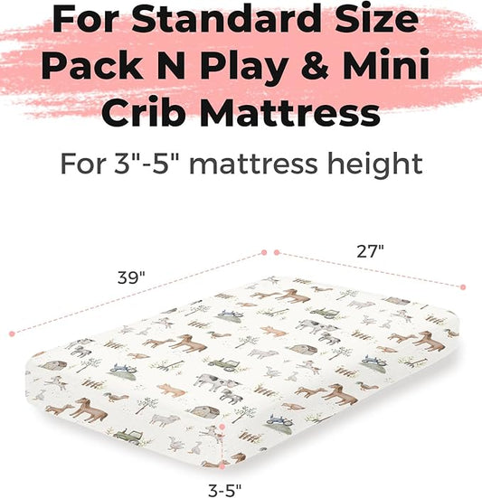 Pack and Play Sheets 2 Pack, Fitted Jersey Knit Mini Crib Sheets for Baby Boys and Girls, Compatible with Graco Pack N Play and Mini Crib Mattress (Little Farm, Pack N Play/Mini Crib Sheets)