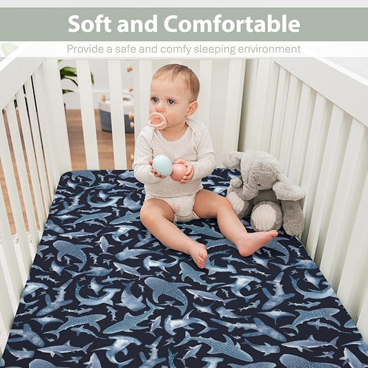 Blue Sharks Baby Crib Sheets for Boy Girl 52"x28" Sea Ocean Animal Soft Stretchy Fitted Crib Mattress Covers Nautical Shark Nursery Baby Sheet for Standard Crib and Toddler Bed Mattress
