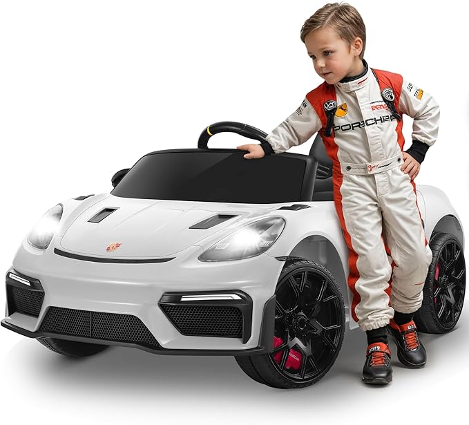 First Ride On 12V Ride on Car for Kids, Licensed Porsche 718 Spyder Battery Powered Ride on Toy, Child Electric Car w/Music, USB, MP3, Bluetooth, 3 Speeds, Wheels Suspension, Led Lights (White)