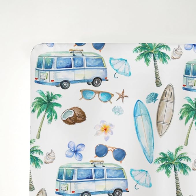 Watercolor Boho Surfing Baby Crib Sheets for Boy Girl 52x28Inch Surfboard Tropical Palm Trees Flowers Soft Snug Fitted Crib Mattress Cover Summer Beach Baby Sheet for Standard Crib & Toddler Mattress