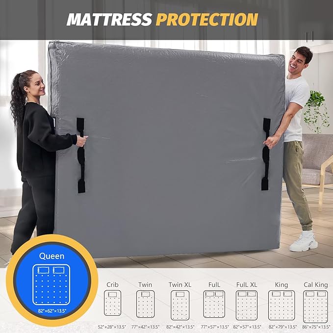 Mattress Bags for Moving and Storage, BETU Queen Mattress Protector Waterproof Mattress Cover with 8 Heavy Duty Handles and Zipper Extra Thick Moving Supplies for Bed (2 Pack:82x62x13.5 Grey)