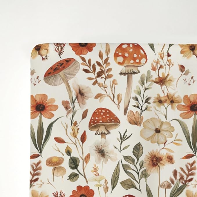 Boho Mushroom Floral Leaves Baby Crib Sheets for Boy Girl 28"x52" Vintage Mushrooms Soft Stretchy Fitted Crib Mattress Cover Retro Mushroom Nursery Baby Sheet for Standard Crib and Toddler Mattress