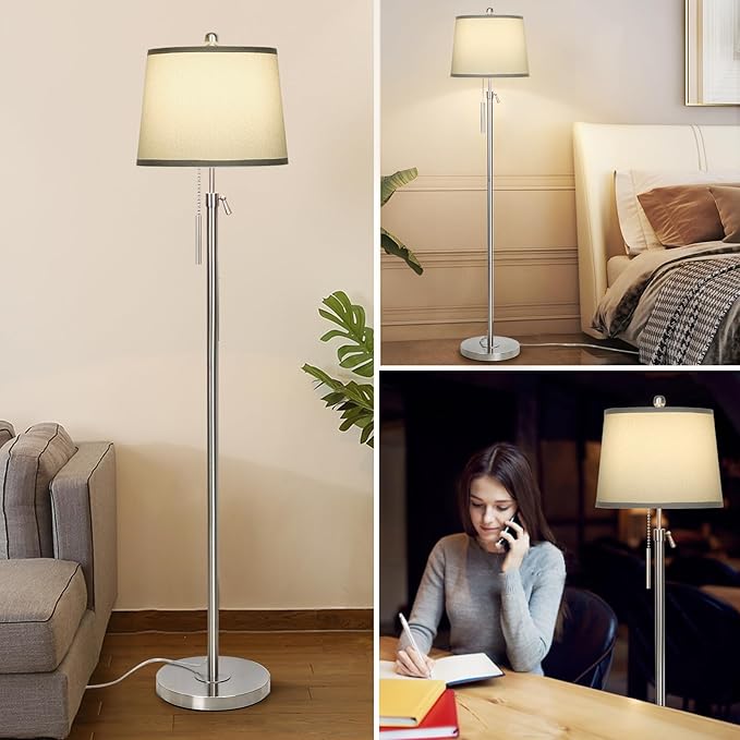 JUNNAI Floor Lamp for Living Room,Adjustable Height Standing Lamp,Dimmable Modern Floor Lamps for Bedroom Office Tall Floor Lights with Pull Chain Bulb Included-Silver Gray Shade